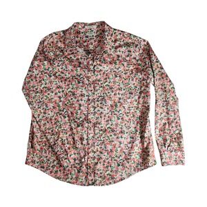 LL Bean Womens Wrinkle Free Floral Button Down Shirt Pink Orange Green Large L